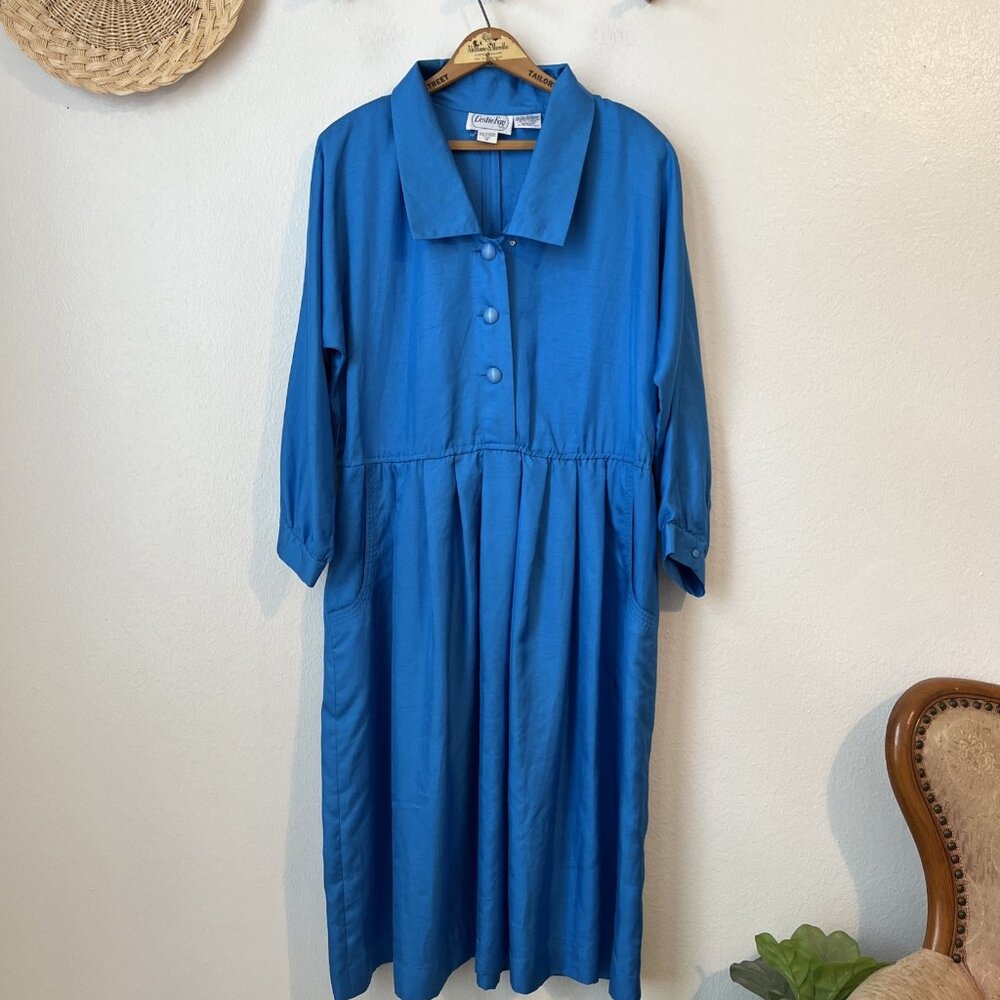 Vtg Leslie Fay Blue Day Dress Midi Button Front Shirt Style Collar 60s/70s sz 18